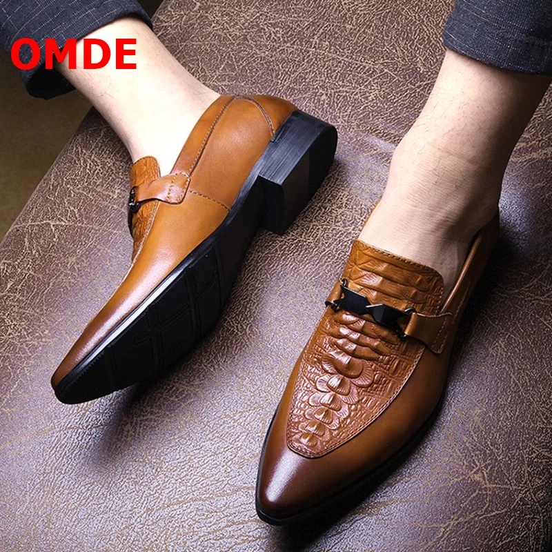 OMDE Summer Pointed Toe Men Dress Shoes Genuine Leather Slip On Formal Shoes Men Business Loafers Brand Wedding Shoes