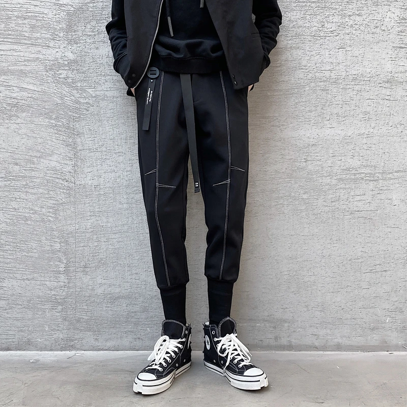 

M-3XL!Hair stylist popular men's pants autumn and winter trendy men's fashion slim feet boots pants belt decoration casual pants