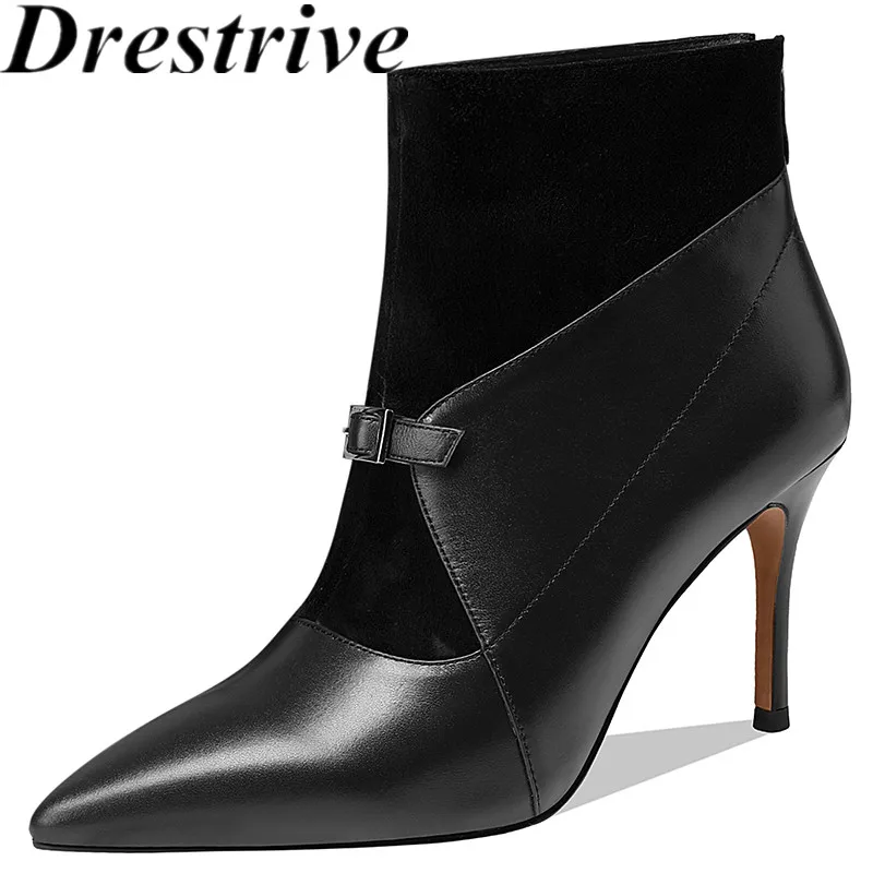 

Drestrive Cow Leather Women Ankle Boots Zipper Thin Heels Black Patchwork Pointed Toe 2020 High Heel Shoes Buckle Size 40