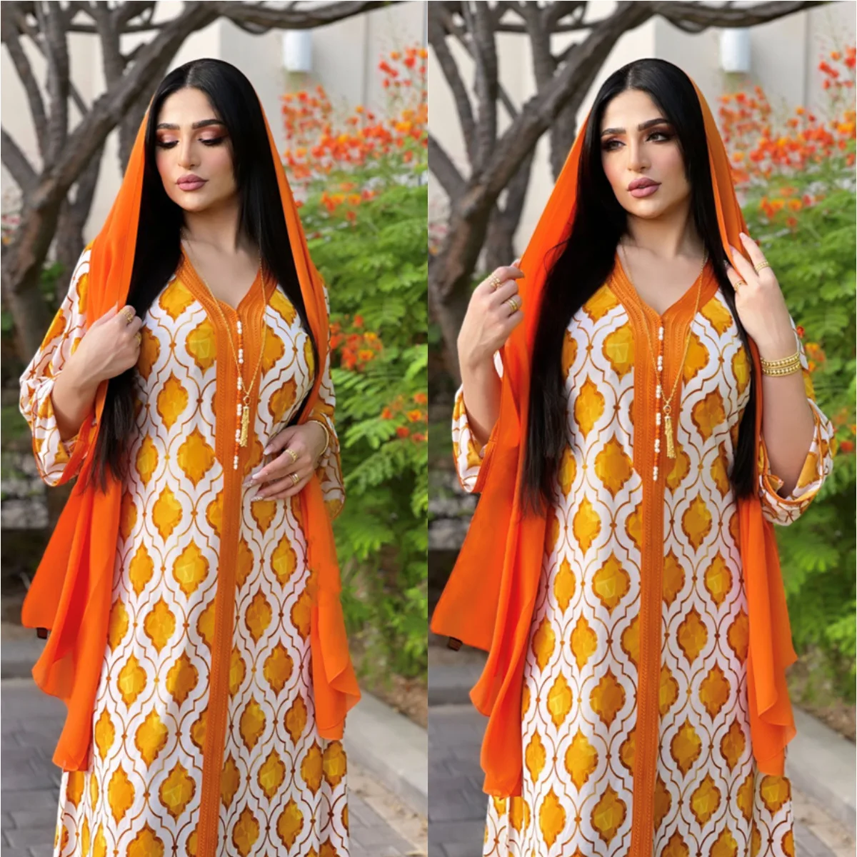 

2021 Abaya Muslim Turkey Arab Ramadan New Orange Young Women's Robe Jalabiya Loose Large Size Printed Edge Long Dress