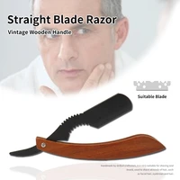 private label stainless steel straight edge folding shaver razor mens manual wooden handle face beard knife