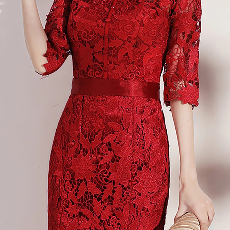 

Burgundy Evening Dresses High Neck Half Sleeves Floral Print Mermaid Tea-length Elegant Plus size Women Formal Party Dress C222