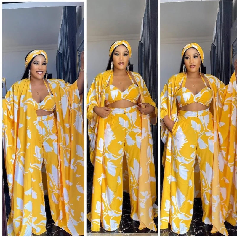 2021 Chic 4 Piece Set European And American Sexy Print New African Abaya Design Bra Top+Pants+Cape Coat+ Scarf Women Sets Dress