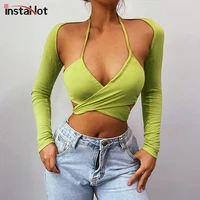 instahot women hollow out lace up t shirt long sleeve streetwear casual 2021 autumn halter vintage basic classic solid t shirt
