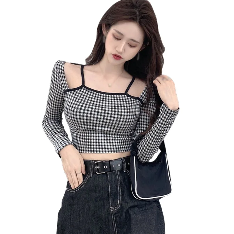 

Женская клетчатая футболка с квадратным воротником, ажурный сексуальный женский корейский топ, женская рубашка, футболка с длинным рукавом...