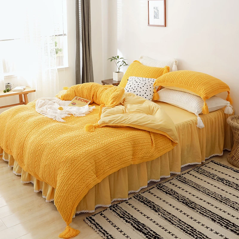 

Princess Style Knitted Cotton Crystal Bedding Set Warm Winter Coral Flannel Bed Skirt Duvet Cover King Queen Twin Full 4 PCS