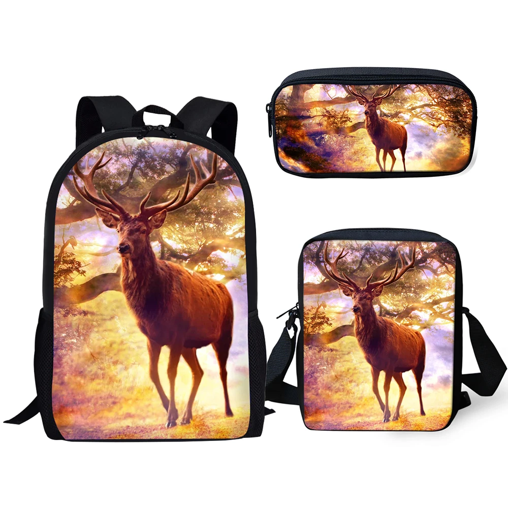 HaoYun 3PCs Set Kids School Backpack Art Fantasy Deer Pattern School Book Bags Kawaii Animal Students Backpack/Flaps Bag/Pen Bag