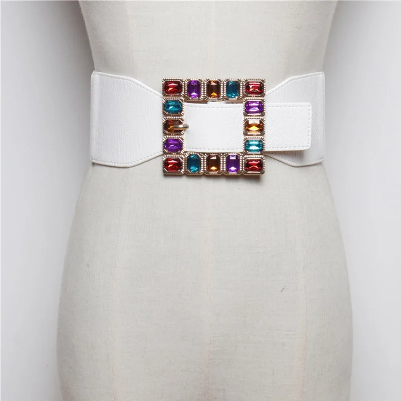 New Fashion Colorful Rhinestone Square Buckle Belts For Women Punk Leather Elastic Wide Off Belt Dress Waistband Accessories