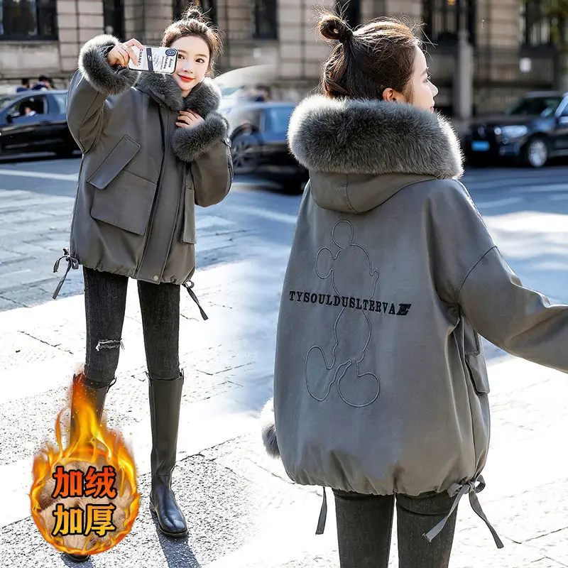 

Women'S Winter Parka Down Jacket 2021 Short Loose Plus Velvet Thickening Coat Female Big Pocket Puffer Snow Outwear