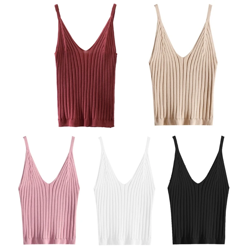 Women Sexy Sleeveless Crop Tank Top Ribbed Knitted Spaghetti Strap Camisole Deep Sexy V-Neck Solid Basic Elastic Slim Sling Vest