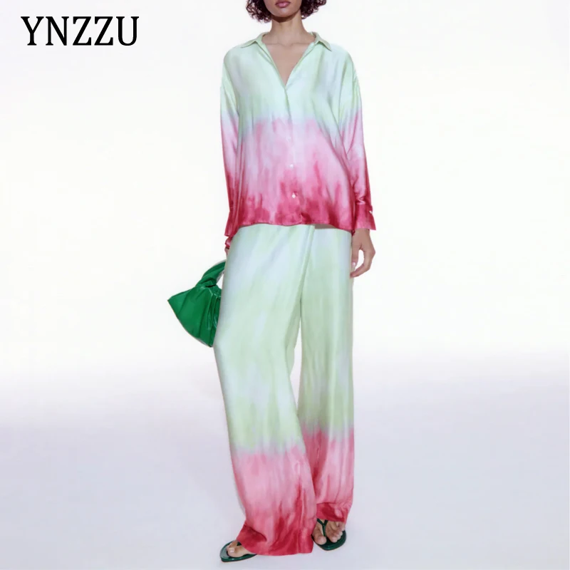

2021 Women Satin Tie dye Beach Sets Fashion Loose blouse Trousers 2 Pieces Suit Long Sleeve shirt tops Pants Soft YNZZU 1T123