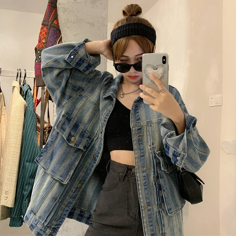 

Джинсовая куртка женская весна осень 2021New корейский дизайнер моды размера плюс джинсовое Пальто однобортное однотонное пальто с карманами