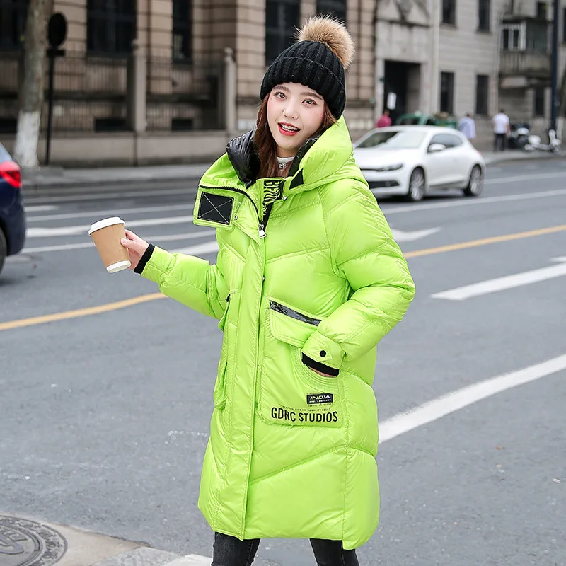 Women 2021 New Winter Korean Version of Loose Hooded Overcoat Shiny Face Down Padded Jacket Mid-length Russian Simple Thick Coat