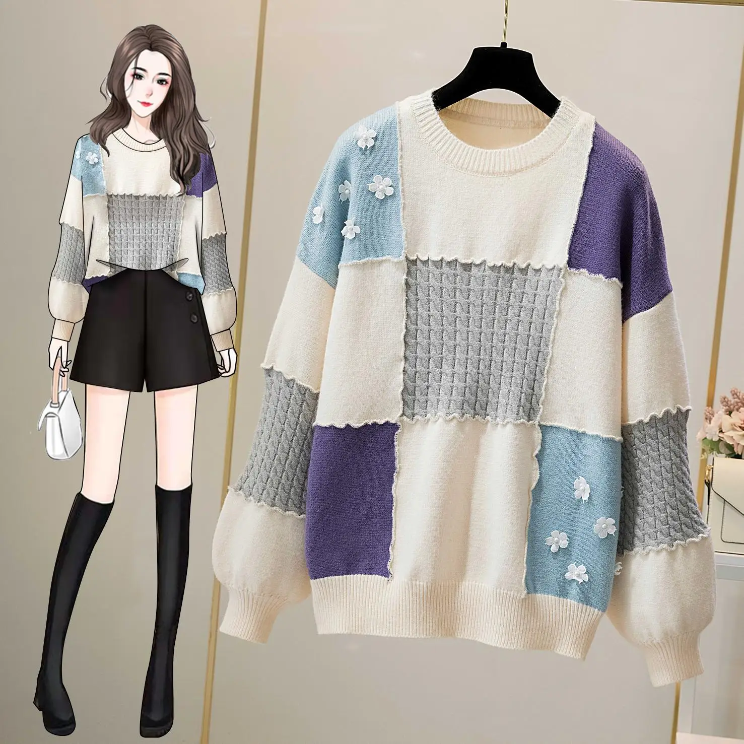 

Plaid Flower Sweet Knitted Plus Large Size Oversize Korean Style Fashion Pullovers For Autumn Women'S Clothing Ladies Sweaters