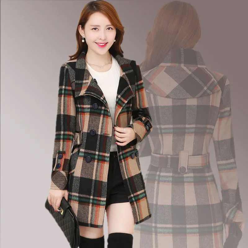 

Windbreaker New Style Plaid Jacket Women's Long Slim-fit Stand-collar Coat
