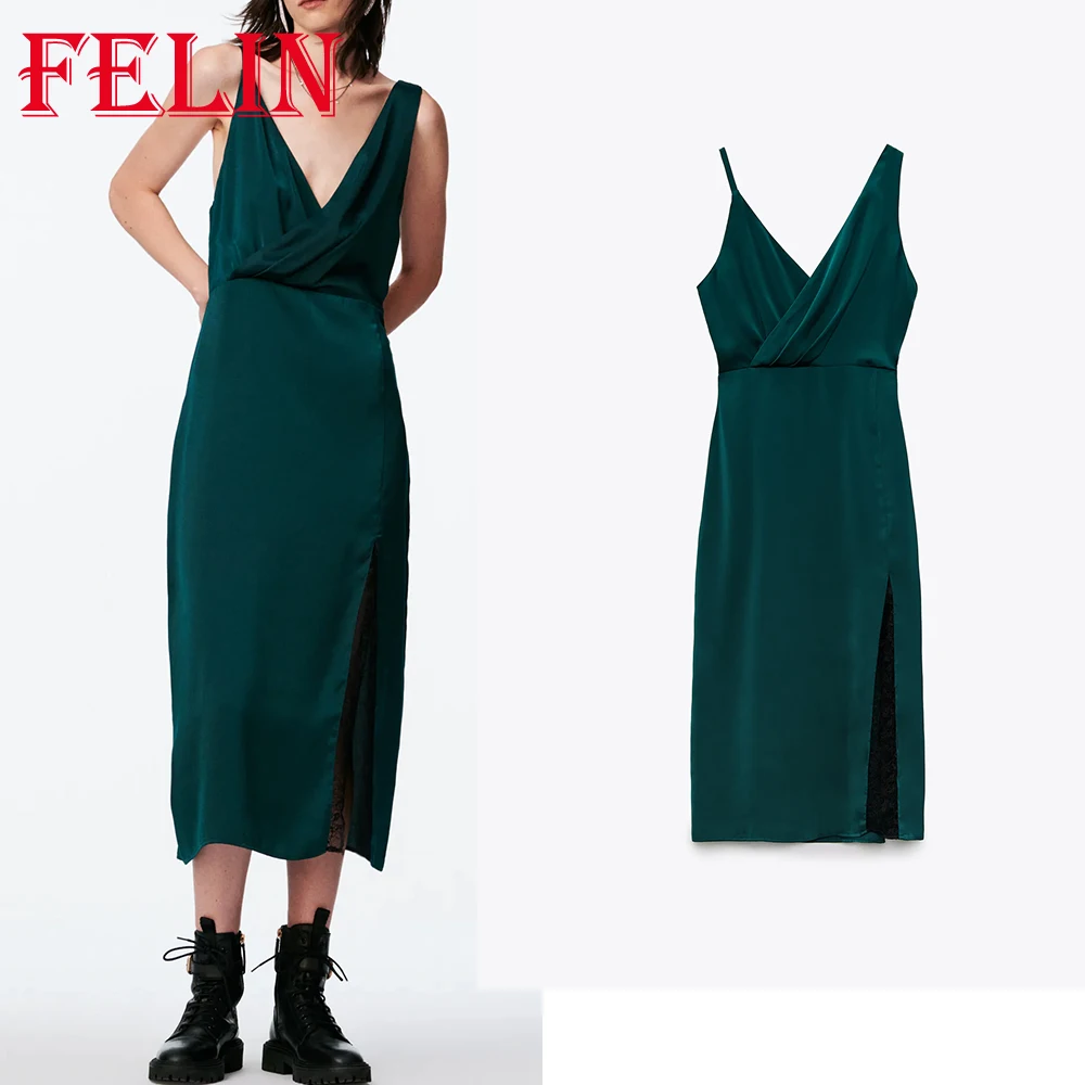 Za 2021 Chic Vintage Solid Greeen Sling Long Dresses V Neck Asymmetric Sexy Women Dresses Fashion Autumn Party Vestidos Mujer