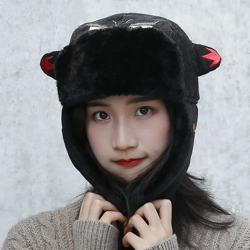 

Winter Faux Fur Bomber Hats Women Russian Ushanka Cartoon Earflap Cap Men Windproof Velvet Devil Embroidery Trapper Hat Snow Ski