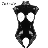 sexy womens lingerie chestless bra bodysuit wet look patent leather fetish porn costume open cup breast lace trimmed bodysuit