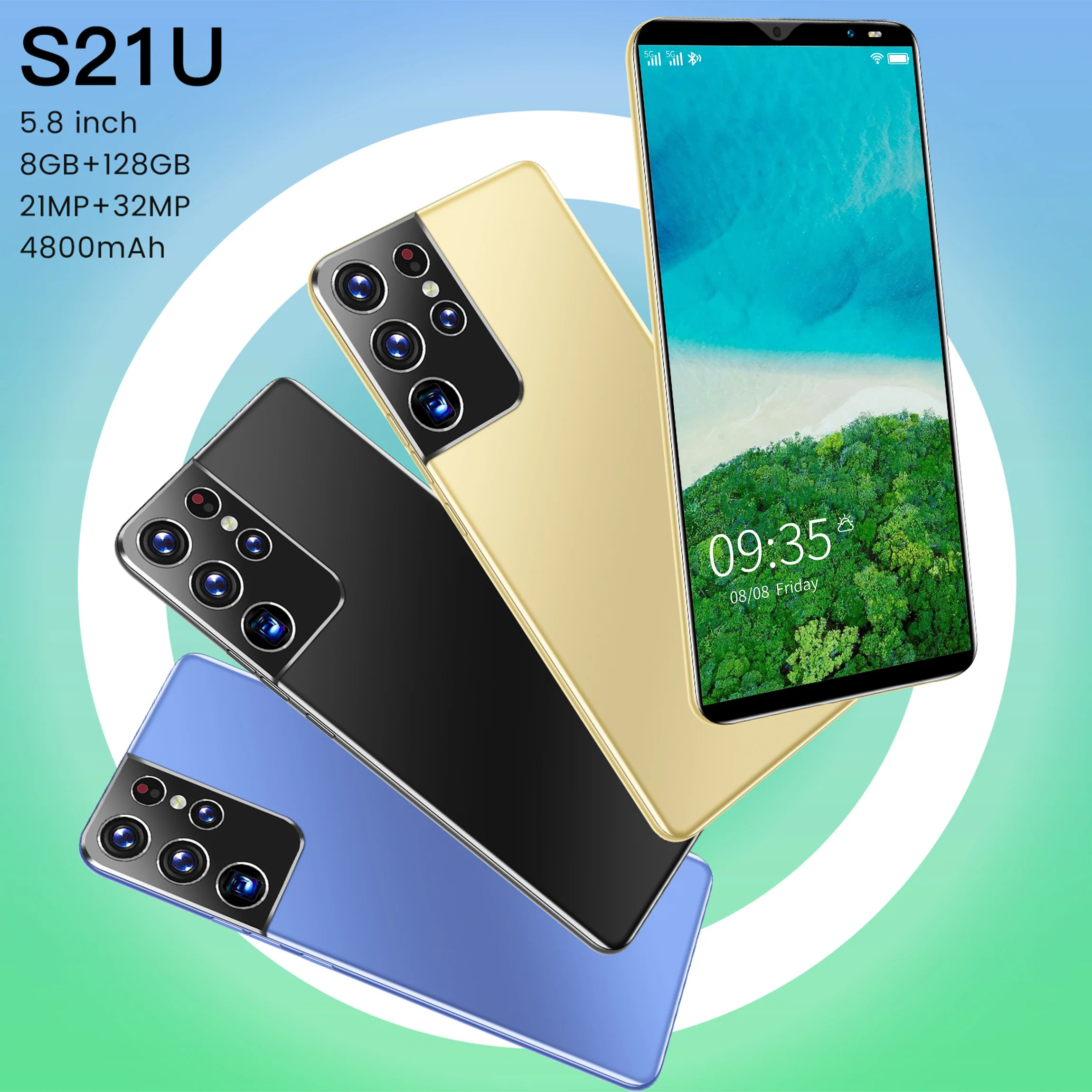 

Global 5G Mobile Phone S21U 1440*3400 5.8Inch Full Screen Fingerprint ID RAM 8GB ROM 128GB 10Core 21+32MP 4800MAH Android 10.0