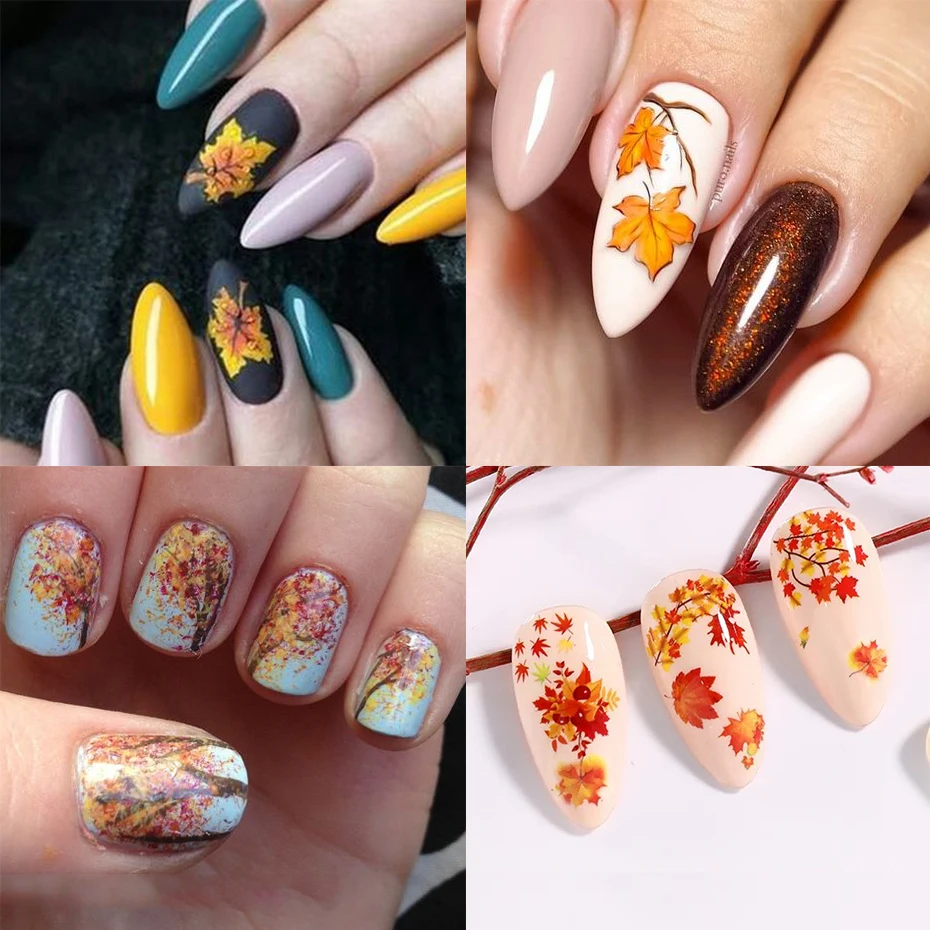 

12Design/set Maple Leaves Nail Sticker Tree Feather Animal Slider Flower Leaf Autumn Water Transfer Decal Decor Manicures Wraps