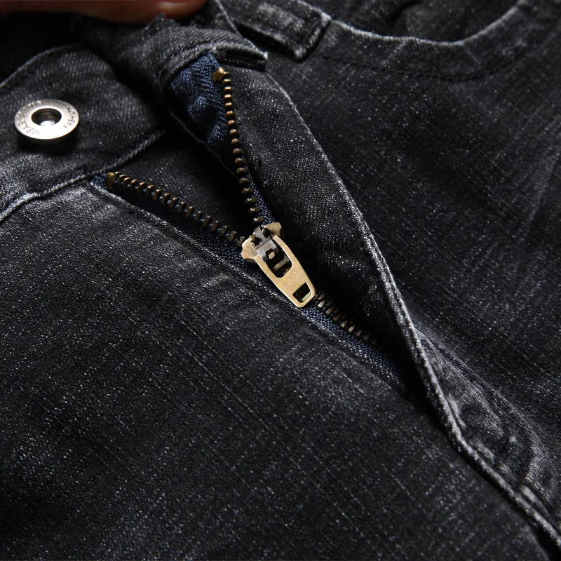 

SHAN BAO Men's Fitted Jeans Classic Personality Letter Print 2021 Spring New Brand Clothing Cotton Stretch Slim Black Denim Jean