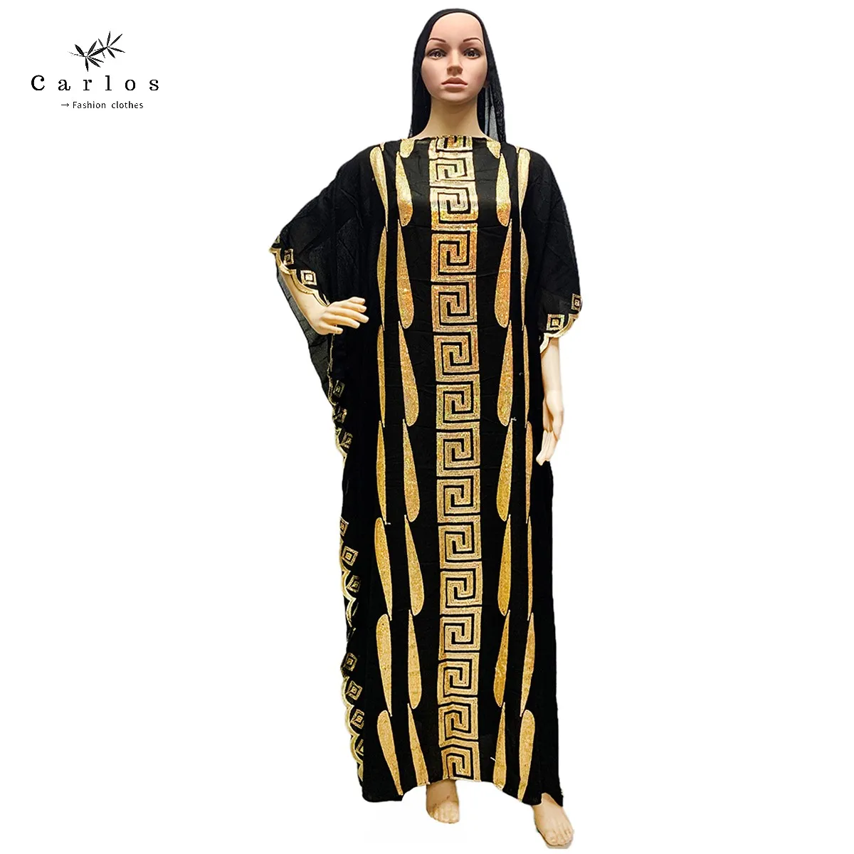 Fashion New Arrival African Embroidery Flower Dresse With Scarf Big Size Women Muslim Sequin Embroidery Long Black Lady Clothes