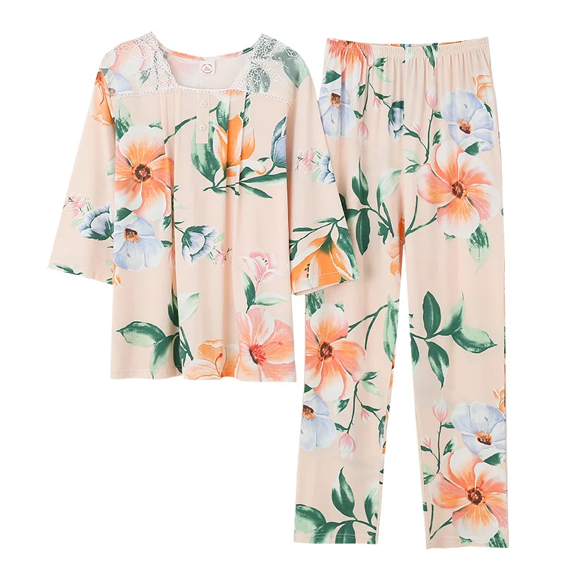 

Spring Modal Pajamas Set Women Flower Pyjamas PJ Female Full Sleeve Sleepwear Ladies Nightwear Plus Size 3XL Nighties For Women