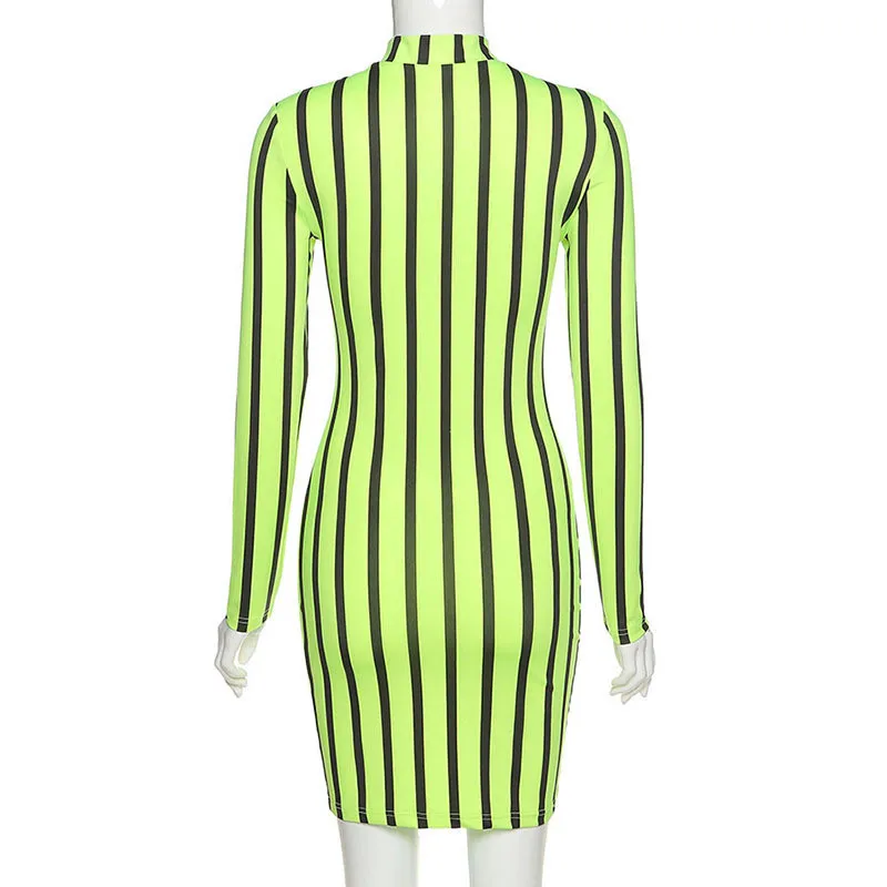 

2021 Autumn Winter Striped Dress Women Sexy Club Zipper Skinny Female Dresses Casual Long Sleeve Mini Dress Robe