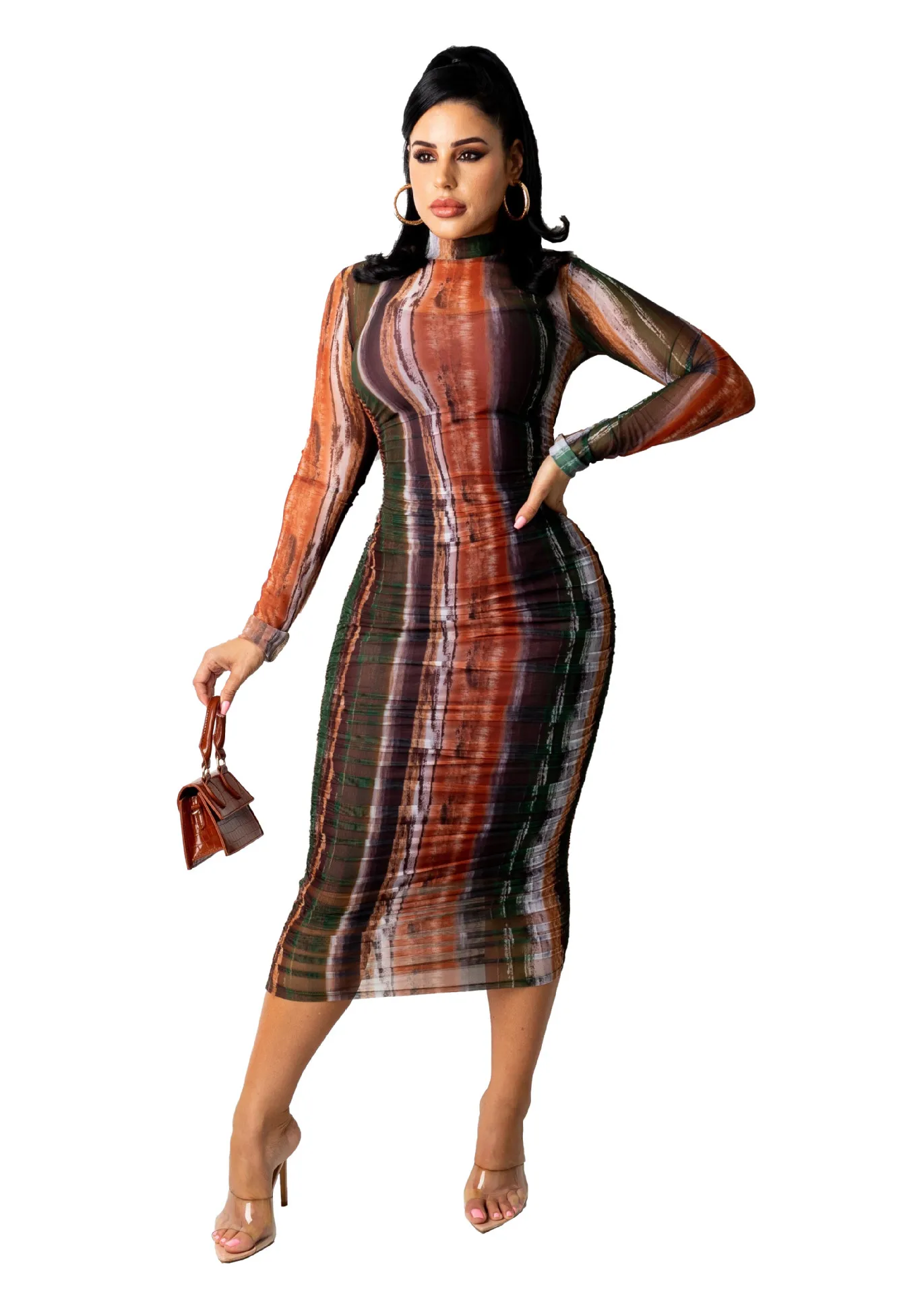 

RStylish 2021 Tie Dye Print See Through Long Sleeve Bodycon Ruched Wrap Fall Ladies Pleated Sexy Party Maxi Dress