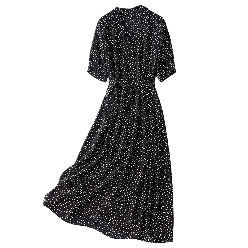 

Women's 100% Silk luxury Fashion Heavy Long Dress Half Sleeve Elegant V-Neck Fashion Black Dots One Size L1193