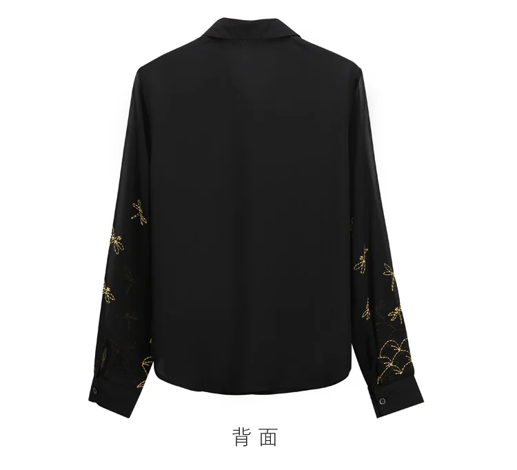 

COIGARSAM Fashion Chiffon Shirt Womens tops New Spring Vintage Embroidery Women shirts Black 1918