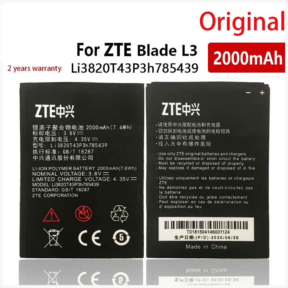 

100% Original Li3820T43P3h785439 Battery For ZTE Blade L3 L 3 2000mAh Phone New Batteries