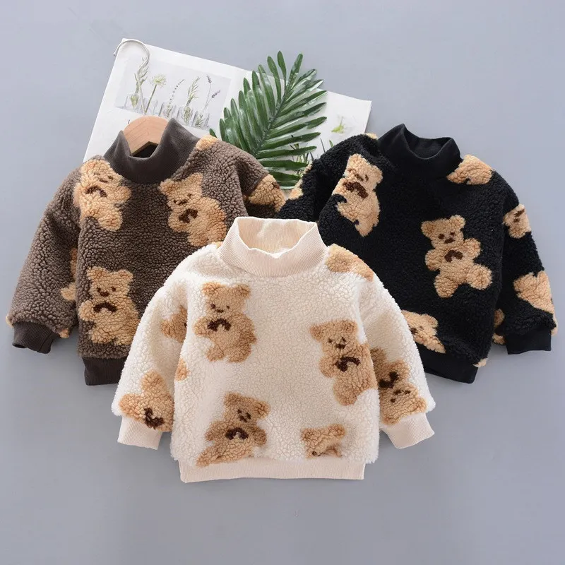 

Children's clothing autumn and winter baby plus velvet warm fluffy sweater cartoon bear double layer sweater
