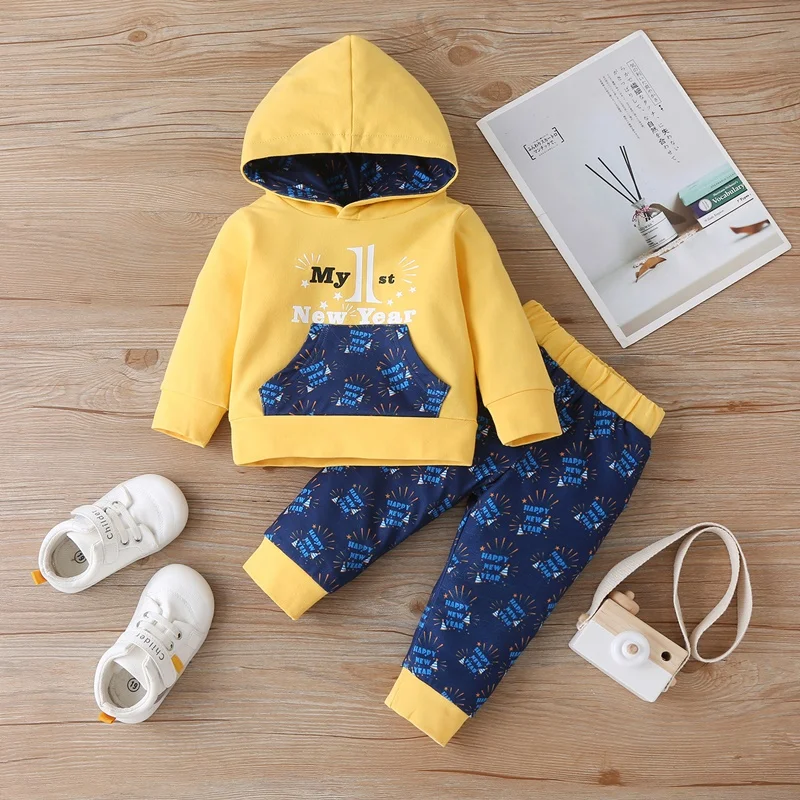 

Fashion Happy New Year Baby Boy Clothes Set 2 Pcs Cotton Patchwork Long Sleeve Hoodies Sweater Tops+print Trousers Winter 0-18M