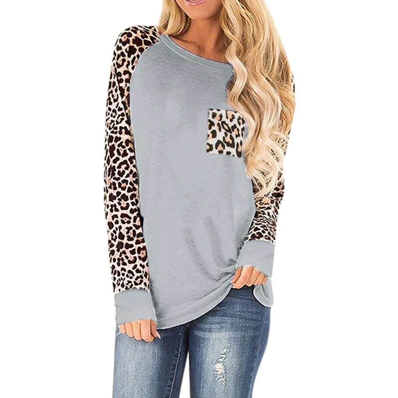 

Женская футболка с длинным рукавом, круглым вырезом и леопардовым принтом