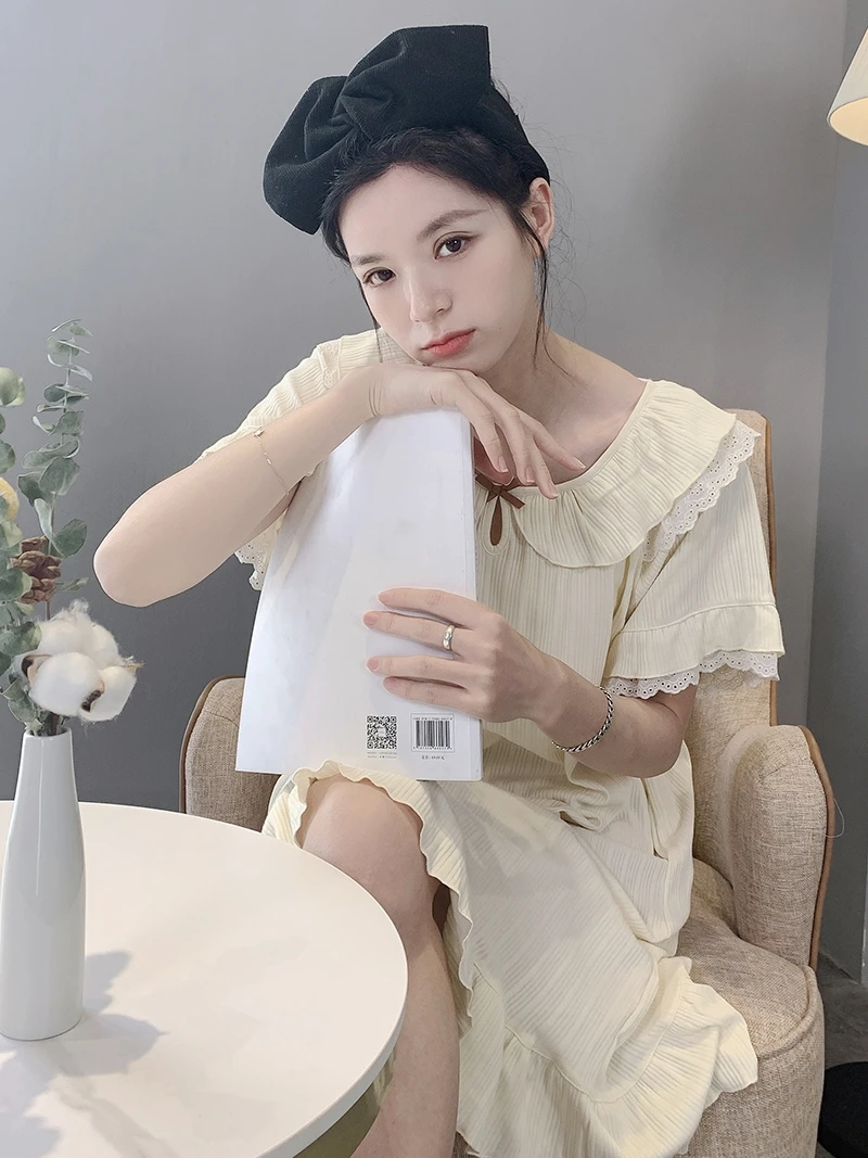 

Spring/Summer New Nightdress Women Cotton Short Sleeve Sweet Cute Student Nightgown Thin Princess Style Fresh Simple Homewear