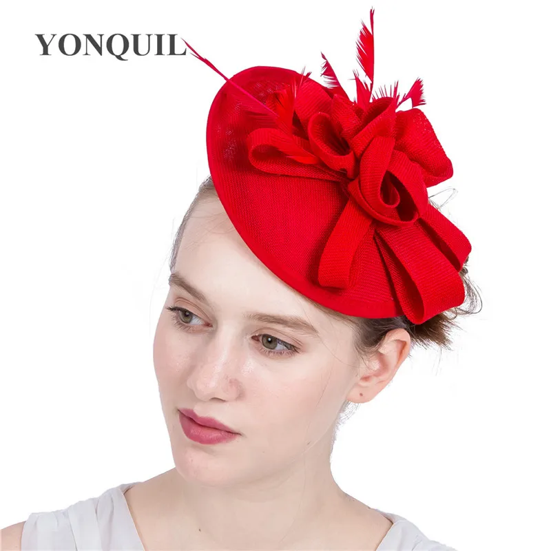 

Red Imitation Sinamay Wedding Women Hat Hair Fascinator Headband Hoops Headpiece Elegant Ladies Fedora Caps Floral Party Chapeau