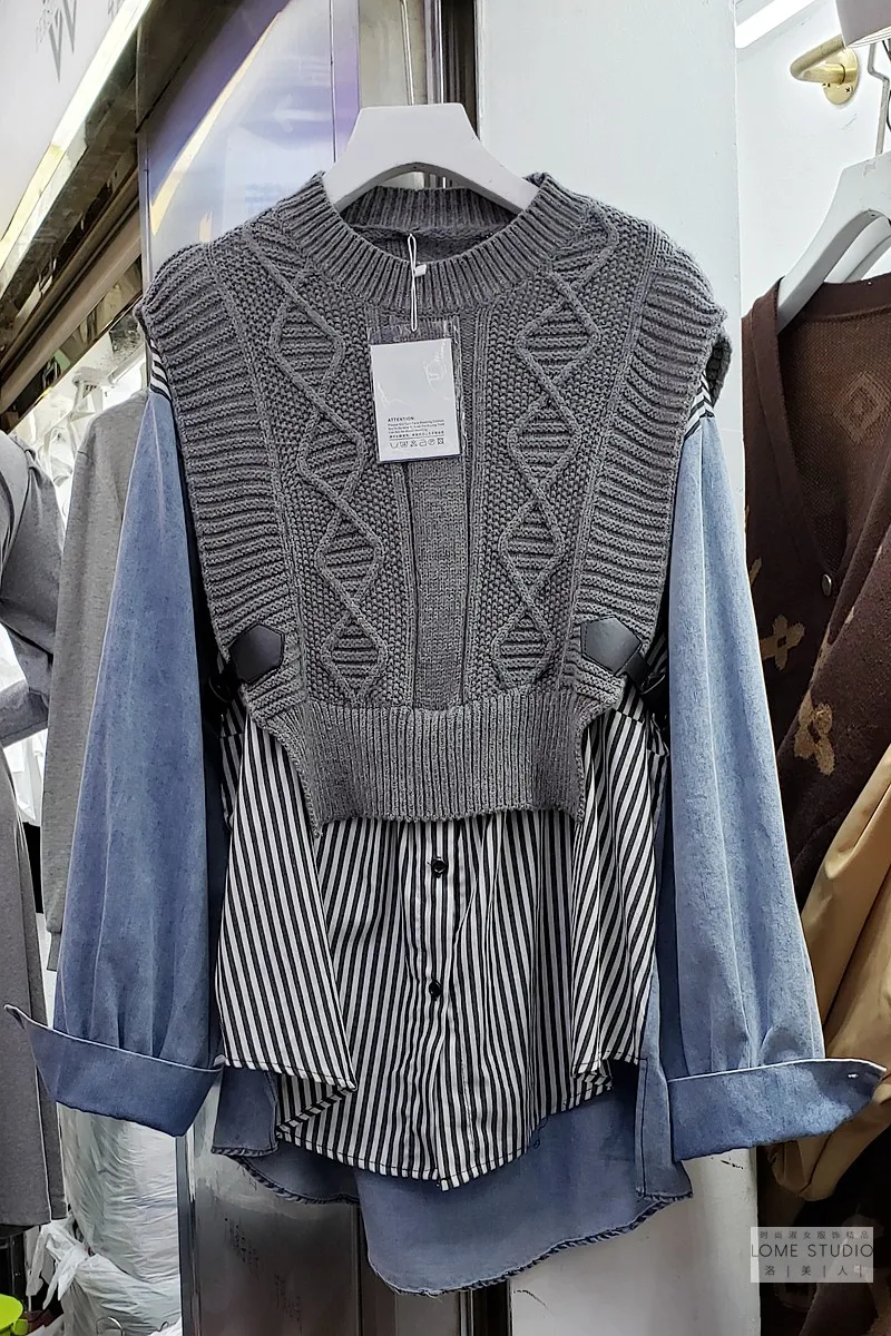 

Contrast Color Women Fake Two Piece Mid Length Striped Shirt Knit Patchwork New Sweater Pullovers Korean Fashion Shirt Coat