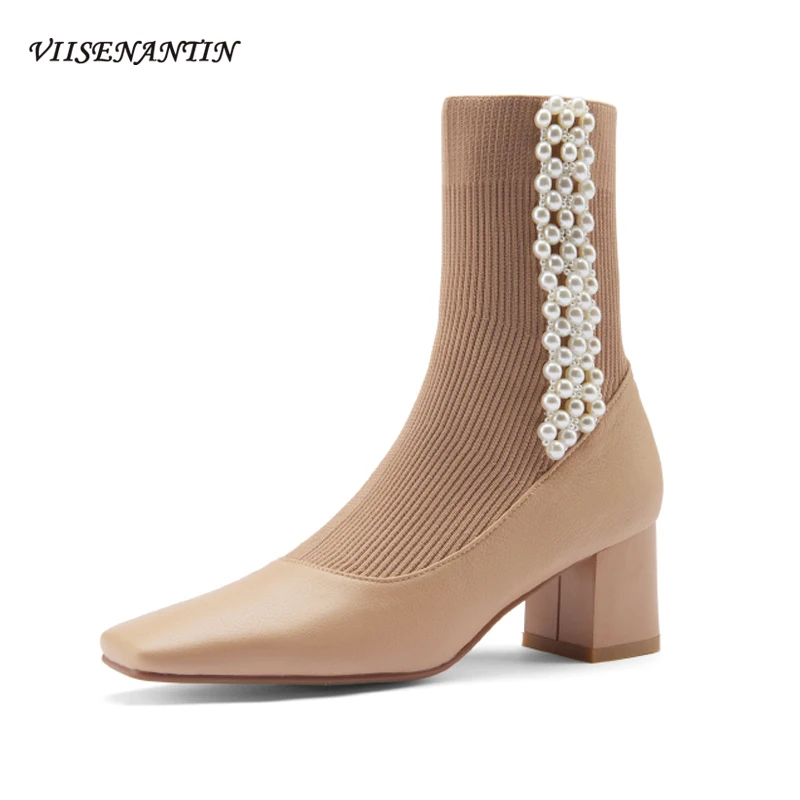 

Корейский стиль нишевые жемчужные на толстом каблуке вязаные эластичные носки сапоги женские кожаные с квадратным носком ретро тонкие кор...