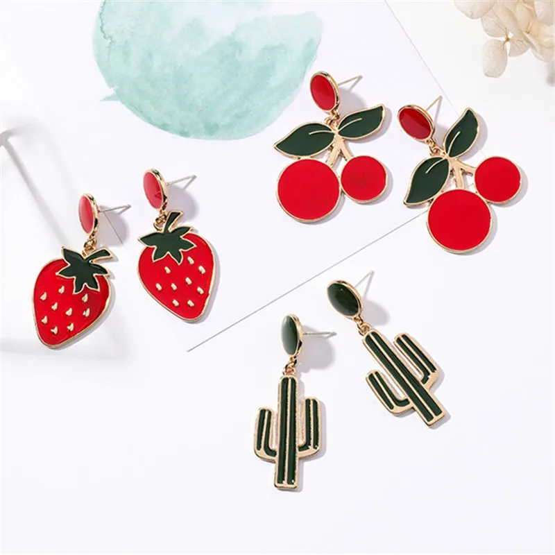 

stud earrings Trendy fruit stud earrings female Popular jewelry fruit earring strawberry cherry red stud earrings for women