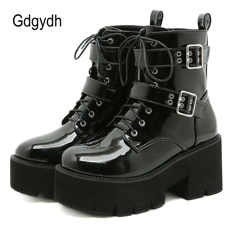 

Gdgydh Light Leather Patent Leather Boots Thick Heels Ladies Fashion Platform Motorcycle Boots Woman Belt Buckle Strap Gothic