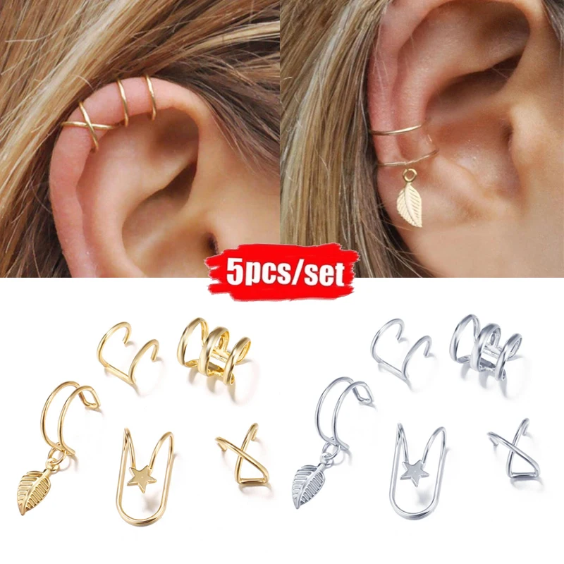 

5Pcs/Set Ear Cuff Gold Leaves Non-Piercing Ear Clips Fake Cartilage Earring Jewelry For Women Men
