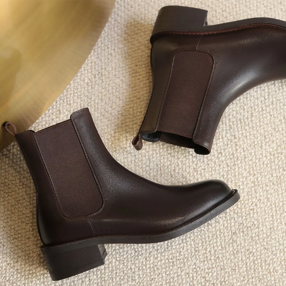 

Women's genuine leather elastic patchwork slip-on low heel comfortable autumn chelsea boots round toe warm plush winter boots