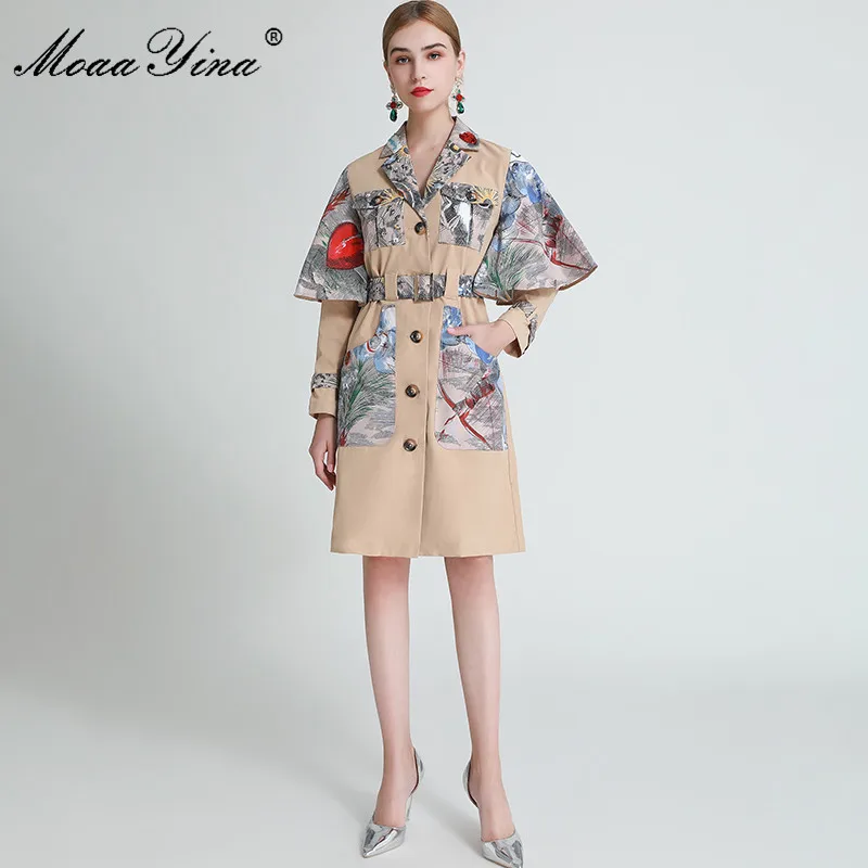 

MoaaYina Fashion Designer Overcoat V-neck Long sleeve Belt Single-breasted Print Runway Spring Autumn Overcoat
