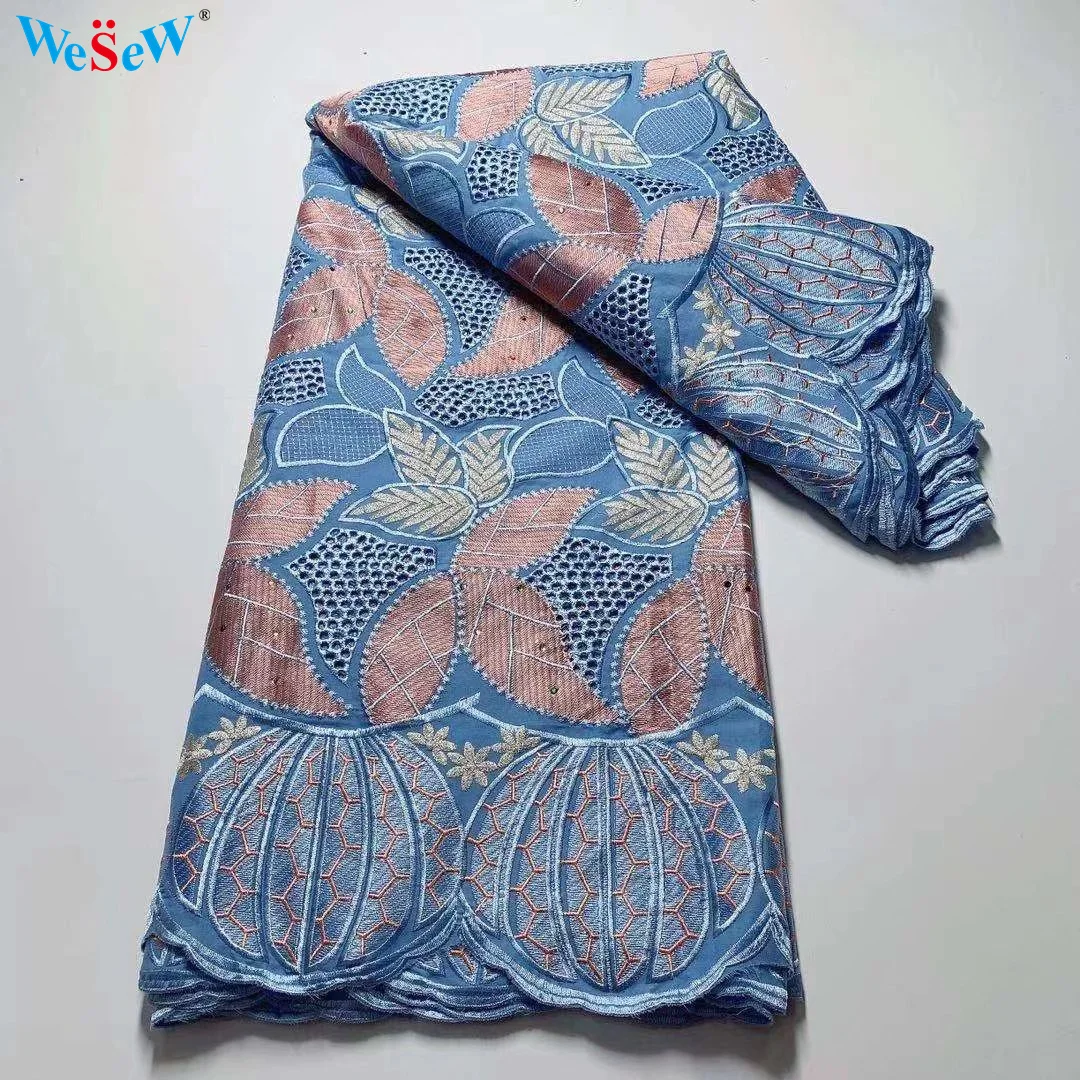

Оптовая продажа, вышитая швейцарская вуаль, кружевная ткань в синем цвете, хорошее качество, 100% хлопок, африканская сетчатая кружевная ткан...
