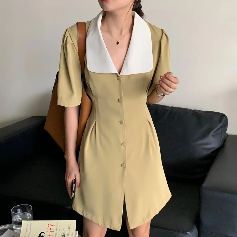 

Summer Women's Dress Women 2021 Doll Lapel Color-Hit Single-Breasted Lace-Up High Waist Dresses French Retro Temperament