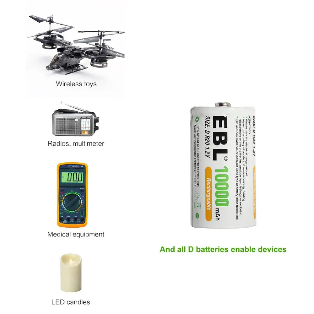 EBL 10000mAh D размер Ni-MH аккумуляторы 1 2 V Высокая емкость + коробка | Электроника