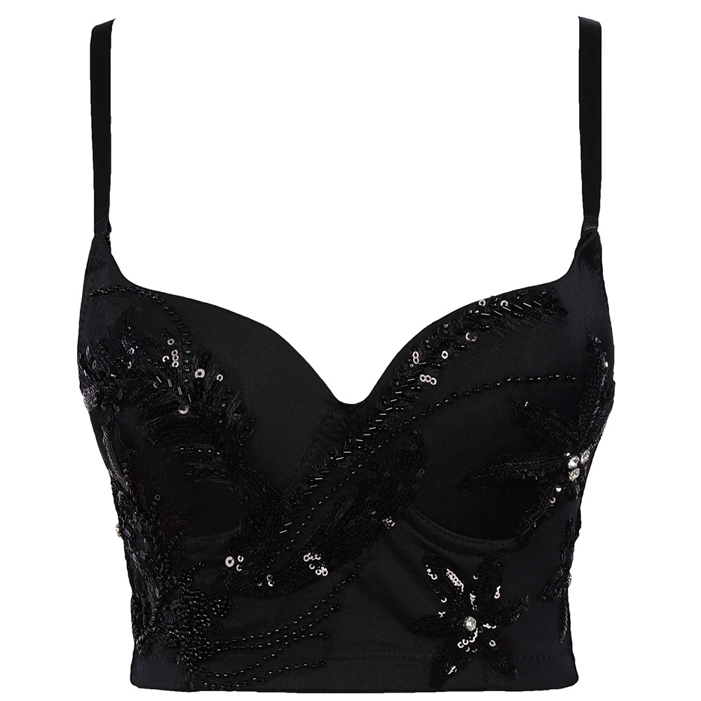 

Summer 2022 Sexy Female Sequins Beads Corset Nightclub Party Short Women Camis Built In Bra Cropped Sleeveless Crop Top YH1204