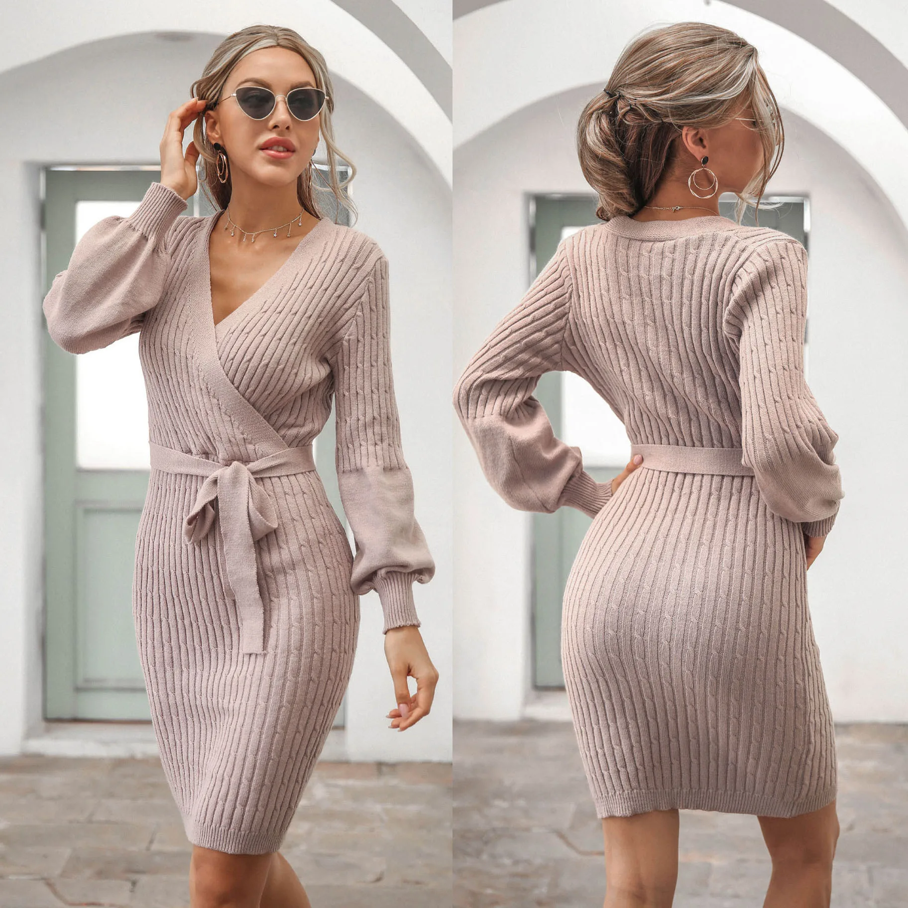 

Осень-зима 2020 повседневное тонкое вязаное платье с v-образным вырезом и рукавами-фонариками пальто до бедра платье средней длины облегающее...