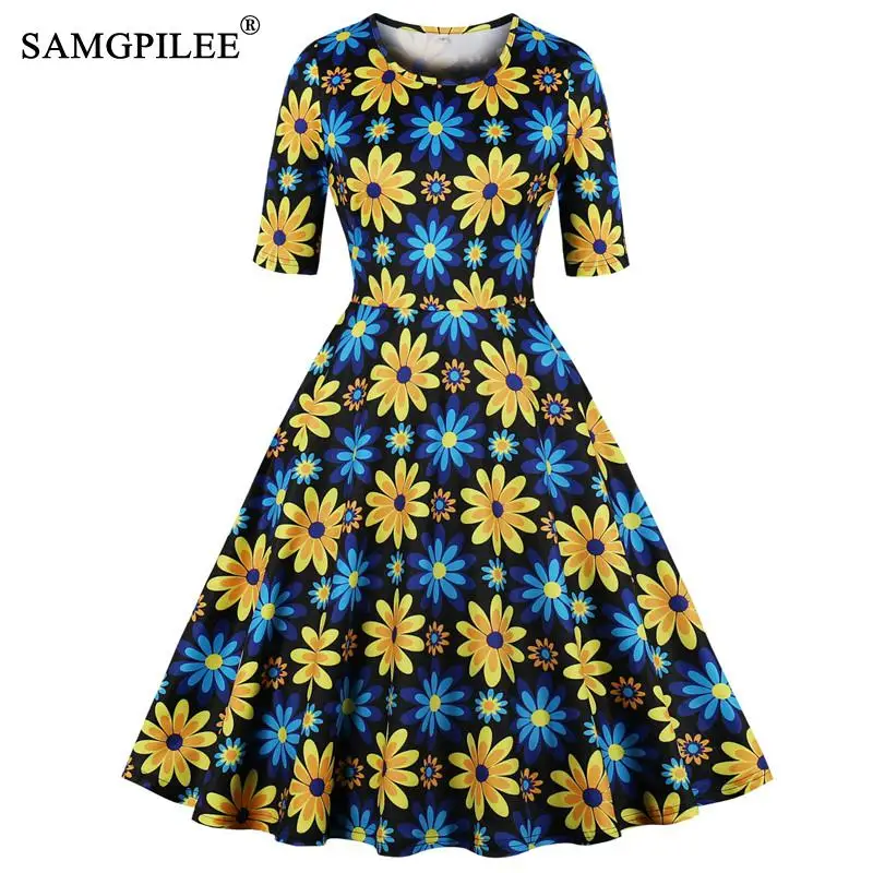 Женское винтажное платье с коротким рукавом круглым вырезом и карманами|Женские